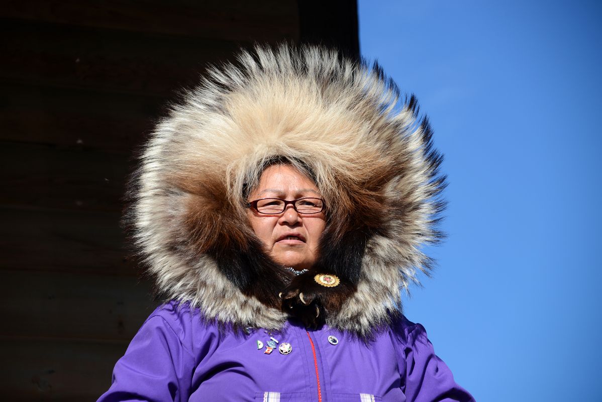 08H Local Guide Eileen Jacobson Wearing Fur Rimmed Coat Outside Her House On Arctic Ocean Tuk Tour In Tuktoyaktuk Northwest Territories